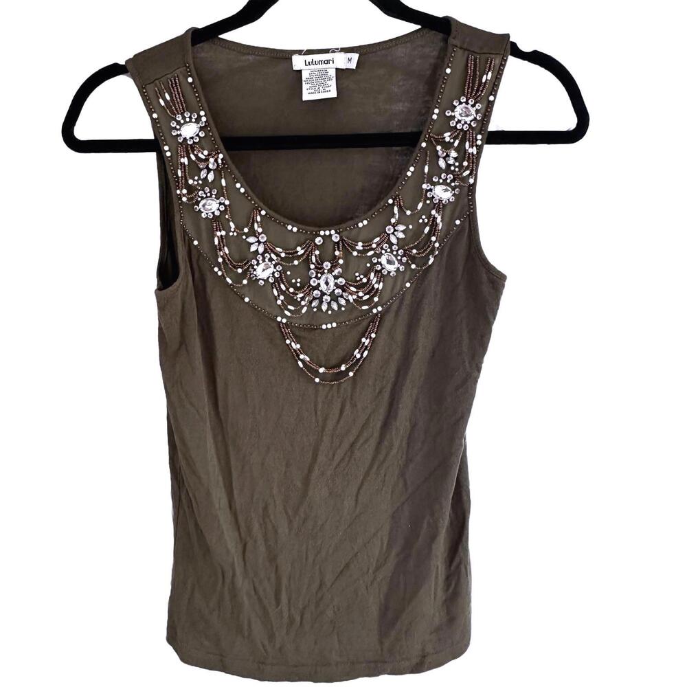 Lulumari Women's Embellished Olive Green Tank Top - Medium
